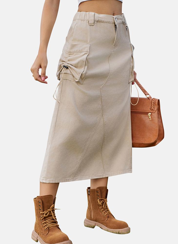 YUNIQEE Beige Mid Rise Plain Midi Skirt - Image 2