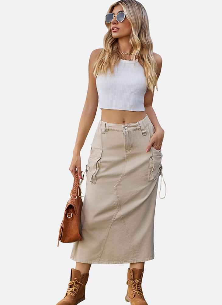 YUNIQEE Beige Mid Rise Plain Midi Skirt - Image 3