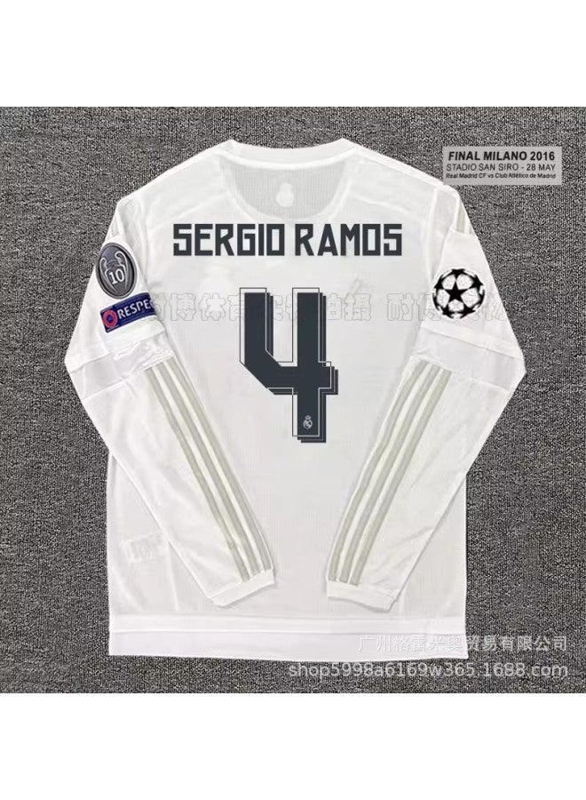15-16 Real Madrid Home Long-sleeved No. 4 Star Plus Champions League Ball 10 Times Fair Strip Small Print On Chest Football Jersey - Image 1