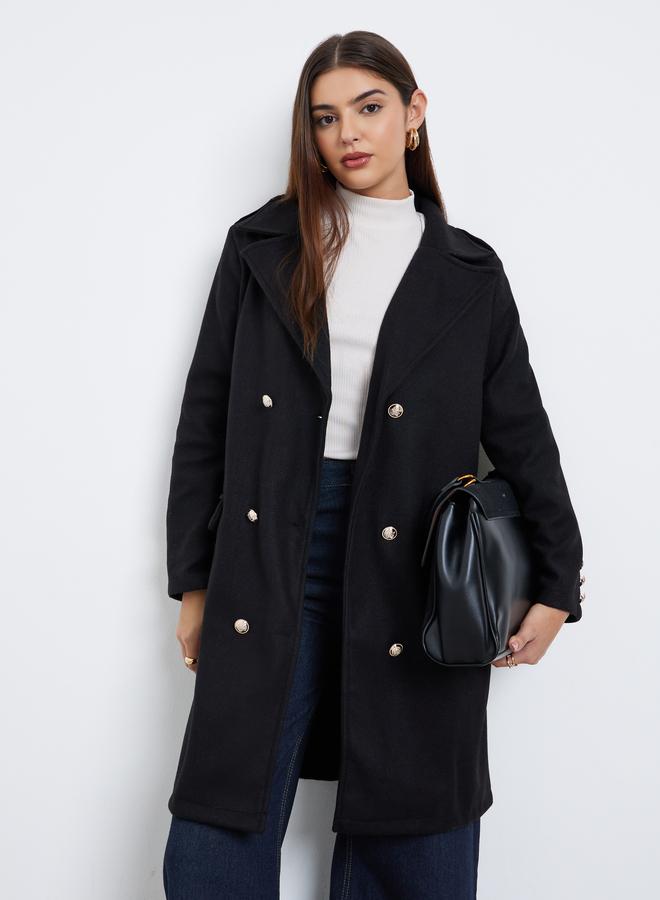 Styli Black Regular Fit Double Breasted Wool Like Coat - Image 1