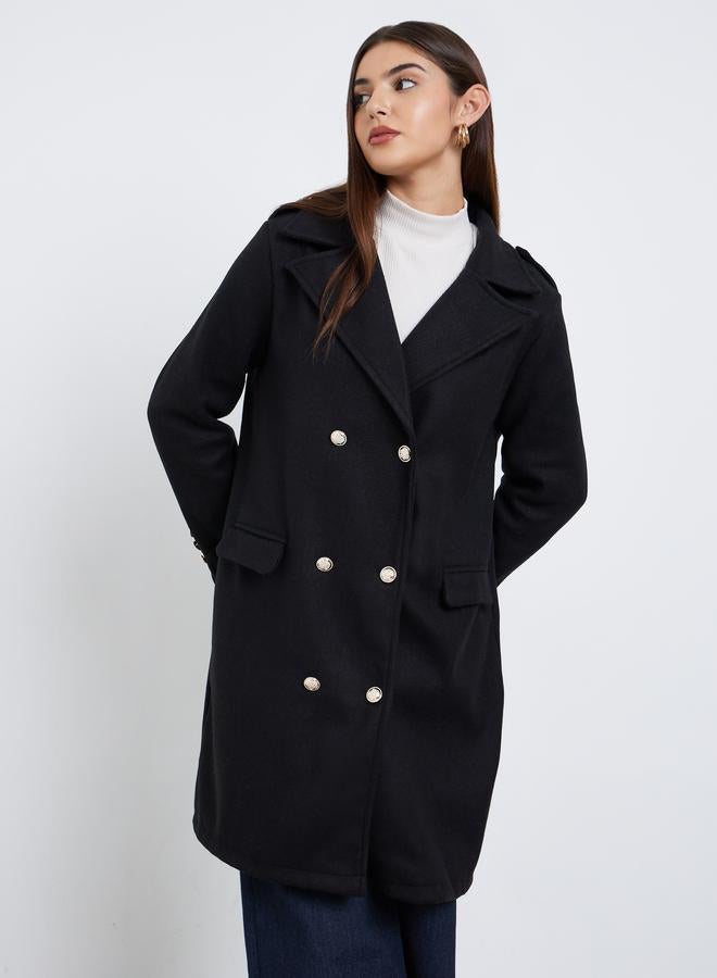 Styli Black Regular Fit Double Breasted Wool Like Coat - Image 3