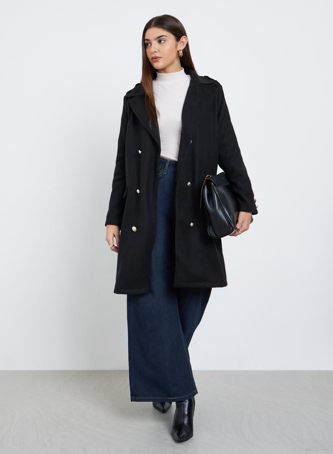 Styli Black Regular Fit Double Breasted Wool Like Coat - Image 2
