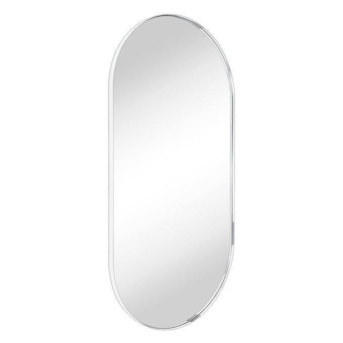 CHROME OVAL BATHROOM MIRROR 20X40 PILL SHAPED OBLONG VANITY MIRROR METAL FRAMED CAPSULE MIRROR FOR WALL IN STAINLESS STEEL ROUNDED RECTANGULAR MIRRORS FOR WALL MOUNTED