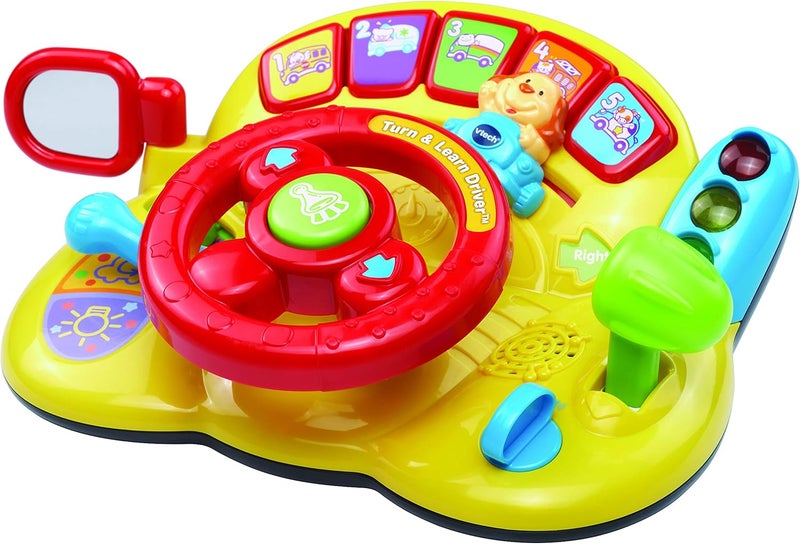 في تك VTech - سيارة لعبة قيادة صفراء من نوع "Turn and Learn" مناسبة للأطفال الذين تتراوح أعمارهم بين 6 أشهر و3 سنوات، تأتي مع بطاريتين من نوع AA. - Image 3