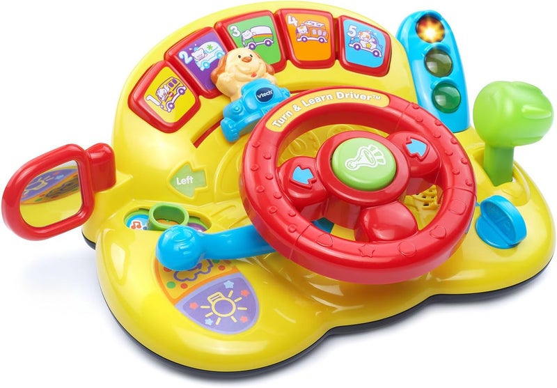 في تك VTech - سيارة لعبة قيادة صفراء من نوع "Turn and Learn" مناسبة للأطفال الذين تتراوح أعمارهم بين 6 أشهر و3 سنوات، تأتي مع بطاريتين من نوع AA. - Image 1