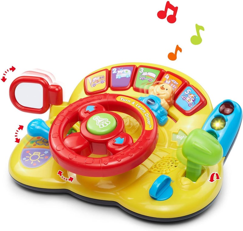 في تك VTech - سيارة لعبة قيادة صفراء من نوع "Turn and Learn" مناسبة للأطفال الذين تتراوح أعمارهم بين 6 أشهر و3 سنوات، تأتي مع بطاريتين من نوع AA. - Image 2