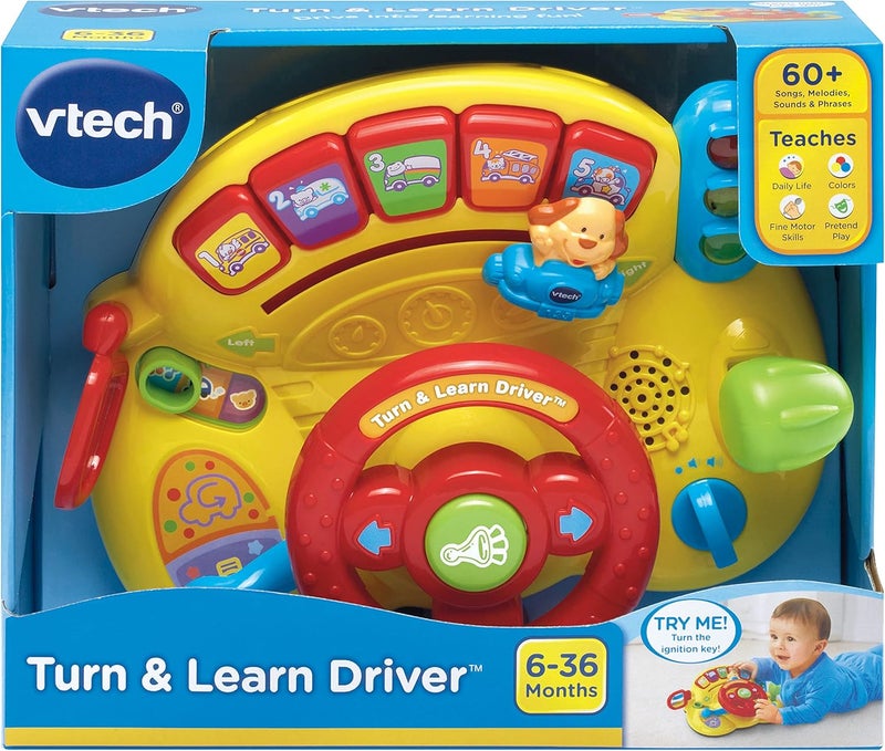 في تك VTech - سيارة لعبة قيادة صفراء من نوع "Turn and Learn" مناسبة للأطفال الذين تتراوح أعمارهم بين 6 أشهر و3 سنوات، تأتي مع بطاريتين من نوع AA. - Image 4