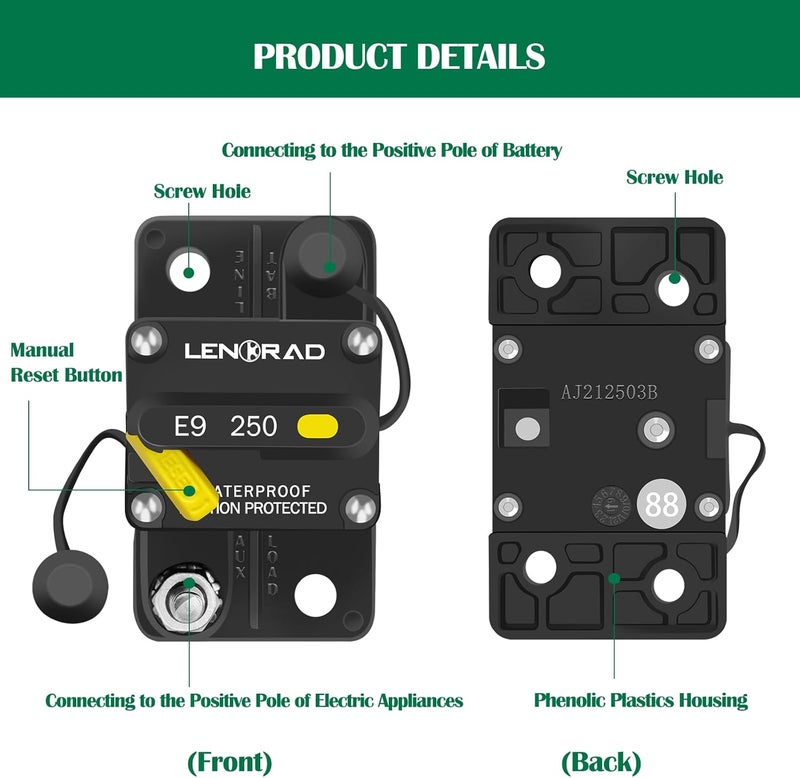 LENKRAD 250 Amp Marine Circuit Breaker Resettable 250A with Manual Reset Switch Button for Boat, Trolling, RV, Yacht, 12V - 48V DC, Waterproof, Surface Mount (250 amp Boat Circuit Breaker) - Image 2