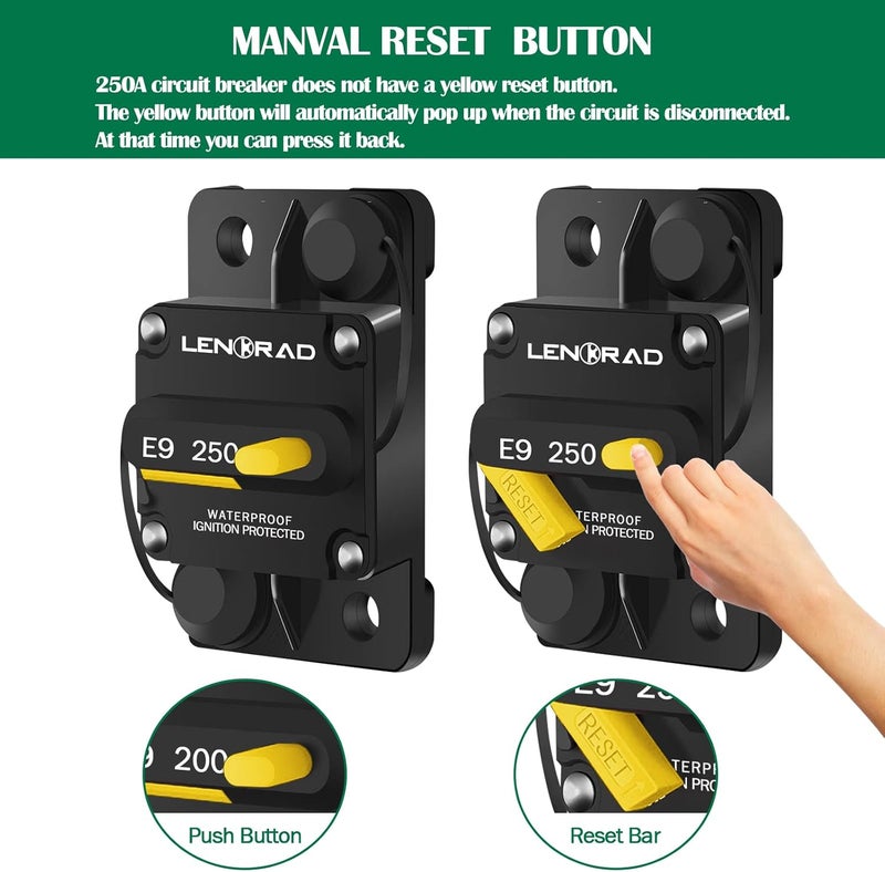 LENKRAD 250 Amp Marine Circuit Breaker Resettable 250A with Manual Reset Switch Button for Boat, Trolling, RV, Yacht, 12V - 48V DC, Waterproof, Surface Mount (250 amp Boat Circuit Breaker) - Image 3