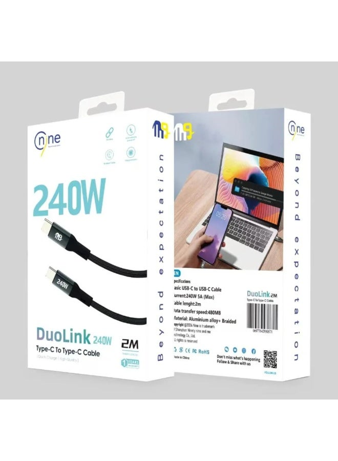 Nine DUOLINK USB-C to USB-C Cable 240W 2M Fast Charging - Image 2