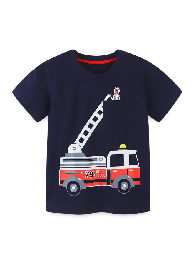 Boys Cartoon Print Knit Cotton Short Sleeve T-Shirt – Round Neck, Versatile
