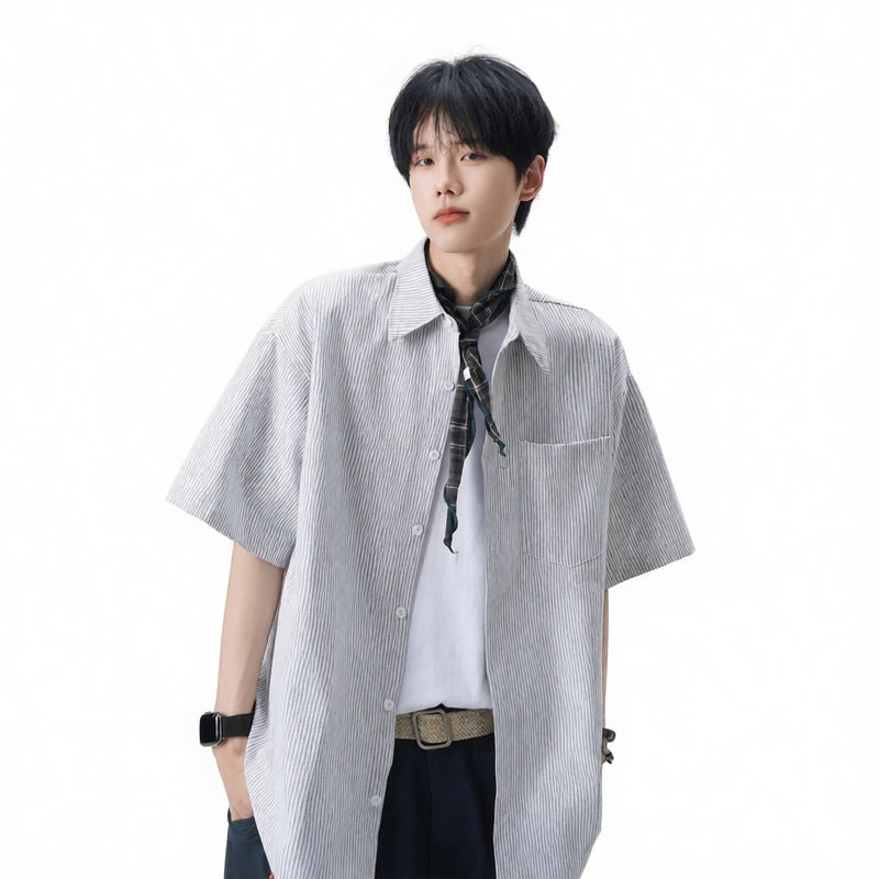 Smile Embroidery Striped Short Sleeve Shirt Casual Loose Fit Couple Top - Image 1