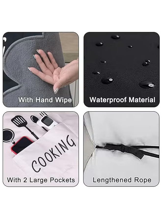 2 Pack Kitchen Apron with Hand Wipe, Unisex Chef Apron Waterproof, Kitchen Cooking Baking Bbq Apron - White / Black - Image 4
