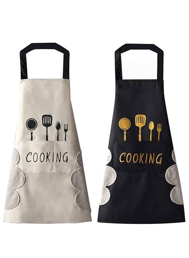 2 Pack Kitchen Apron with Hand Wipe, Unisex Chef Apron Waterproof, Kitchen Cooking Baking Bbq Apron - White / Black - Image 1