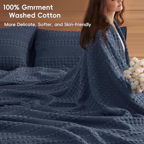 PHF 100 Cotton Waffle Blanket Oversized King 120x120 Lightweight Breathable Extra Large 10x10 Blankets for Bed Giant Big Luxury Aesthetic Woven Bedding for Home Decor Indigo - Image 3