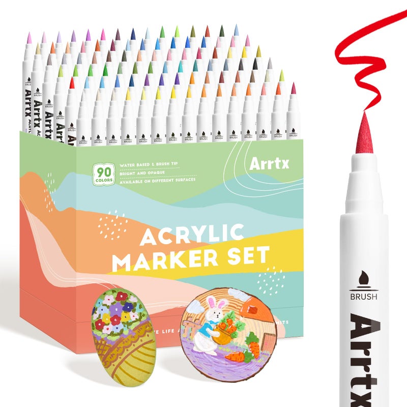 Arrtx 90 Colors Paint Markers Pens, Acrylic Paint Pens for Artists Adults Coloring Drawing Landscape Scenery Natural- Brush Tip for Rock Painting, Wood, Canvas, DIY Crafts Making Art Supplies-90B - Image 1