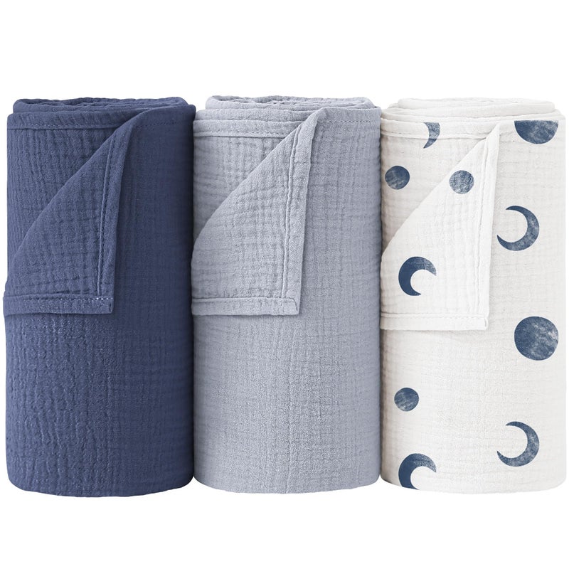 Bearmoss Muslin Swaddle Blankets, 40 x 38 inches Baby Swaddle for Boys and Girls, Soft Baby Blanket, 3 Pack Breathable Nursery Receiving Blankets (Bluemoon) - Image 1