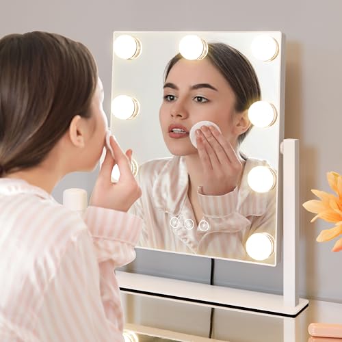 Kotdning Vanity Mirror with Lights,Lighted Vanity Mirror with 9 Dimmable Bulbs for Dressing Room & Bedroom,3 Color Lighting,Modes Detachable 10x Magnification 360°Ratation(White) - Image 5