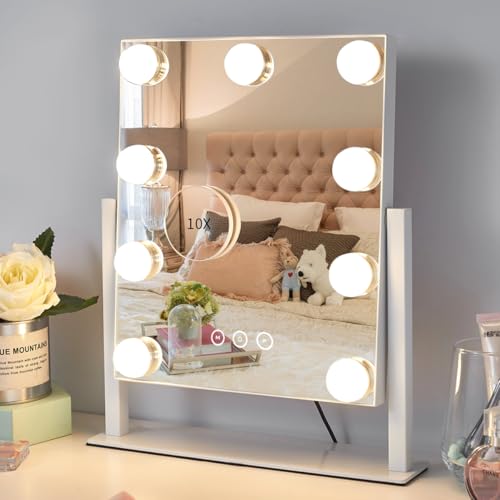 Kotdning Vanity Mirror with Lights,Lighted Vanity Mirror with 9 Dimmable Bulbs for Dressing Room & Bedroom,3 Color Lighting,Modes Detachable 10x Magnification 360°Ratation(White) - Image 1