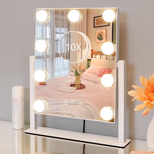 Kotdning Vanity Mirror with Lights,Lighted Vanity Mirror with 9 Dimmable Bulbs for Dressing Room & Bedroom,3 Color Lighting,Modes Detachable 10x Magnification 360°Ratation(White) - Image 4