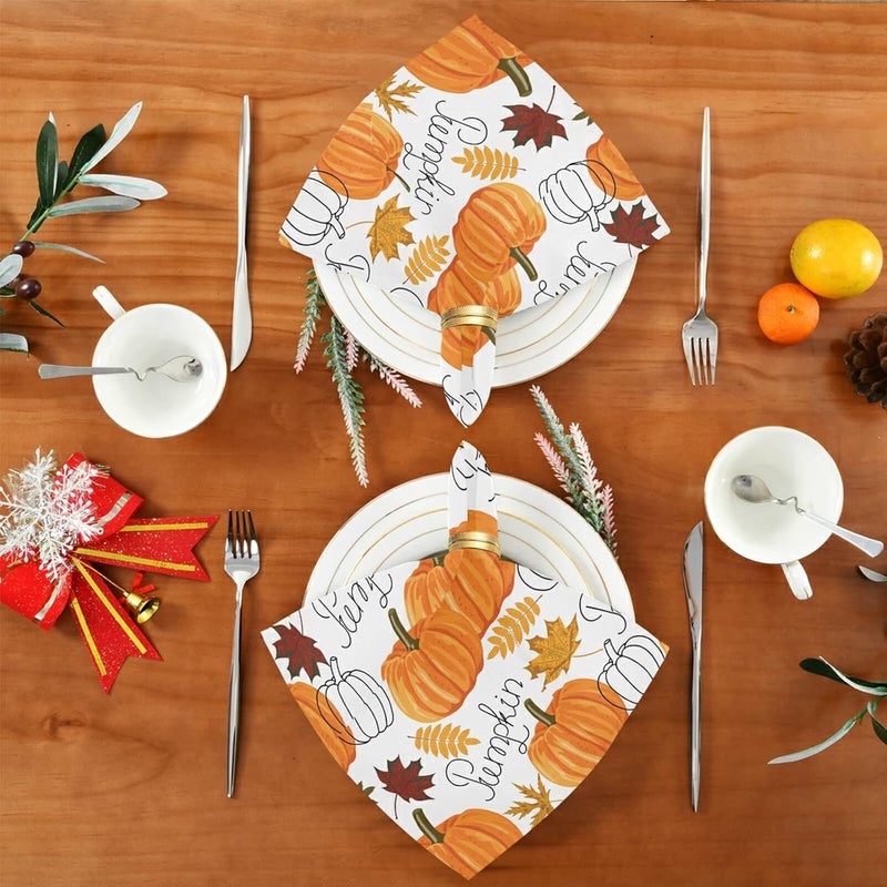 senya Thanksgiving Day Cloth Napkin Pumpkin Leaf Fall Autumn Thanksgiving Cloth Napkin Set of 6 Washable Reusable Polyester Table Napkins for Family Dinner Party Holiday - Image 5