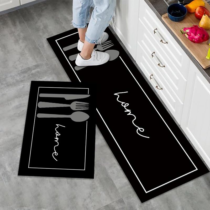 Home-Cloud HomeCloud Rubber Kitchen Mats for Floor Set of 2 Pcs|Non-Skid, Soft Absorbent Rugs for Laundry, and Hallway|120x40cm, 40x60cm| 4mm Thickness (Black, Rectangular) - Image 1