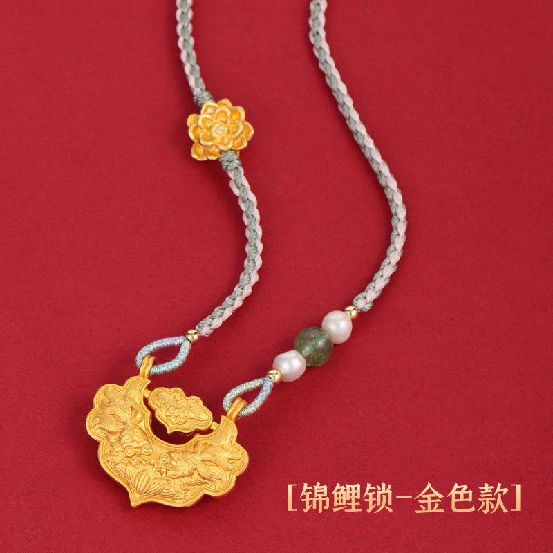 Generic Handmade Red Rope Koi Pendant Necklace Natural Pearl Strawberry Crystal Lotus Flower Design Perfect Gift For Girlfriend Golden koi safety lock necklace 