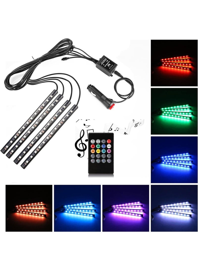 Car LED Strip Light, 4 Pieces DC 12V 72 LED Multicolor Car Interior Music Light LED Underdash Lighting Kit with Sound Active Function and Wireless Remote Control Including Car Charger - Image 1