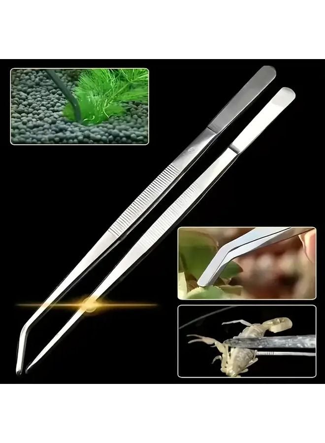 2 Piece Set Long Handled Tweezers Straight and Curved Tips Durable Metal - Image 2