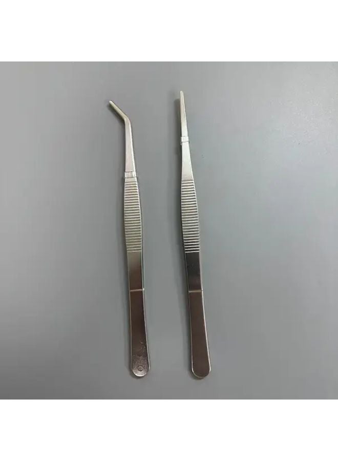 2 Piece Set Long Handled Tweezers Straight and Curved Tips Durable Metal - Image 1