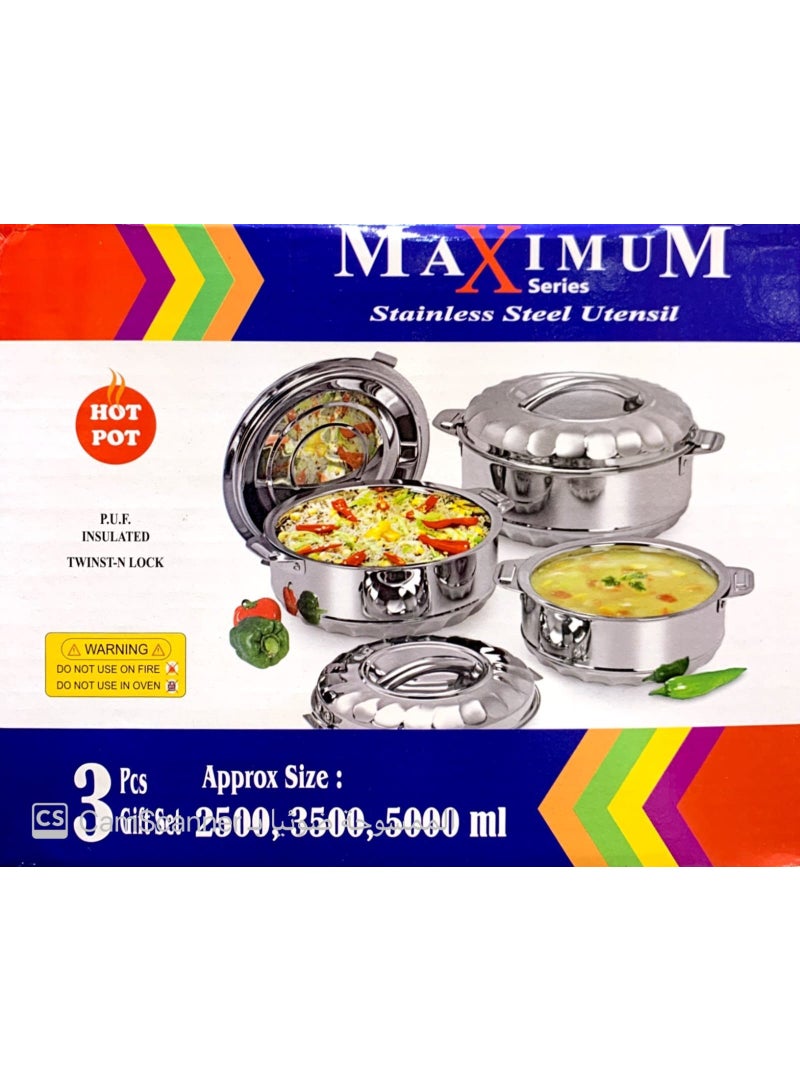 طقم أواني طهي ساخنة فضي مكون من 3 قطع، أحجام صغيرة: 2500، 3500، 5000 مل