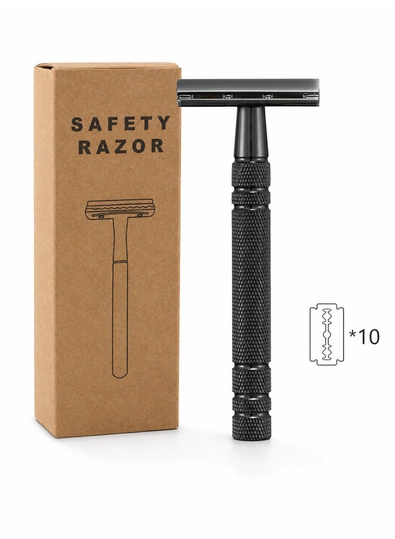 Double Edge Safety Razor, Closed Comb Non-Slip Handle Reusable Safety Razor for Women & Men -Black - Image 1