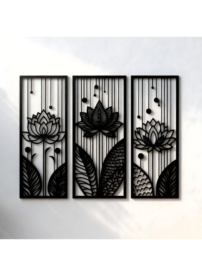 IDesign 3-Piece Lotus Flower Wall Art – Black Metal Frames - Image 1