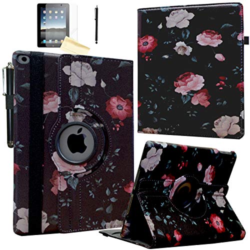 JYtrend Smart Case for iPad 5th / 6th Generation (9.7") with Pencil Holder, Rotating Stand Magnetic Auto Wake Up/Sleep Cover for 2017/2018 iPad 9.7 Model A1893 A1954 A1822 A1823 (Black Flower) - Image 1