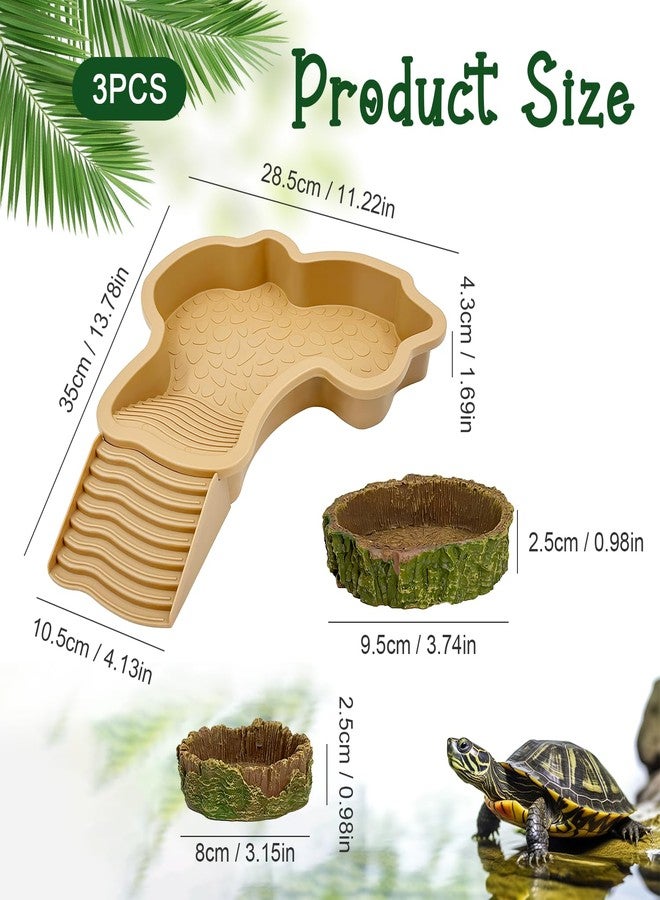 FALESHOS 3PCS Tortoise Habitat Accessories, Creature Bathing Pool with Ramp & Basking Area, 2PCS Simulation Tree Stump Feeding Dish for Turtle Gecko Frog Semi-Aquatic Species - Image 2