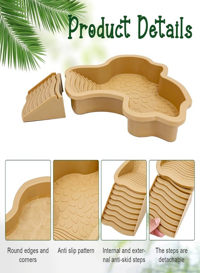 FALESHOS 3PCS Tortoise Habitat Accessories, Creature Bathing Pool with Ramp & Basking Area, 2PCS Simulation Tree Stump Feeding Dish for Turtle Gecko Frog Semi-Aquatic Species - Image 4