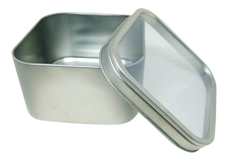 Square Metal Tin Box Storage Containers with Windowed Lids 4x4x225 Inches 16 oz Set of 2