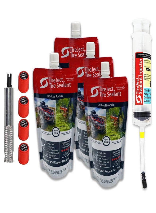TireJect Off-Road Tubeless Tire Sealant Kit: Fix a Flat Tire & Prevent Flat Tires, Seal Punctures Leaks Dry Rot Thorns Nails Screws, tire Repair Slime, Puncture tire Sealer (40oz, 4-Tire Value Pack) - Image 1