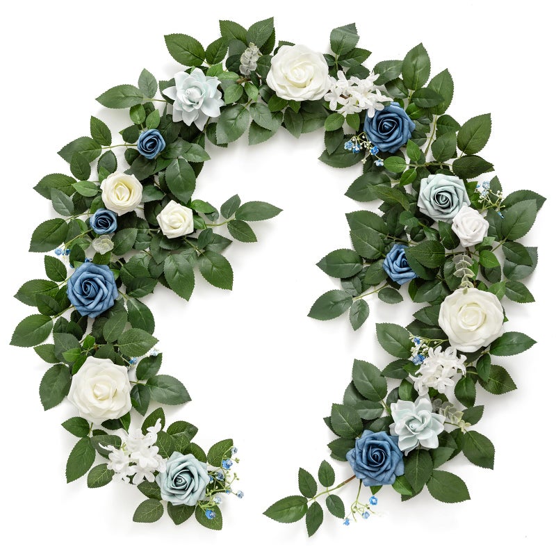 Ling's moment Lings Moment 5FT Dusty Blue Artificial Flower Garland Rose Leaves Floral Garland Arch Flowers Vine Table Garland for Wedding Party Backdrop Decor Home Mantel Table Centerpieces Decoration 