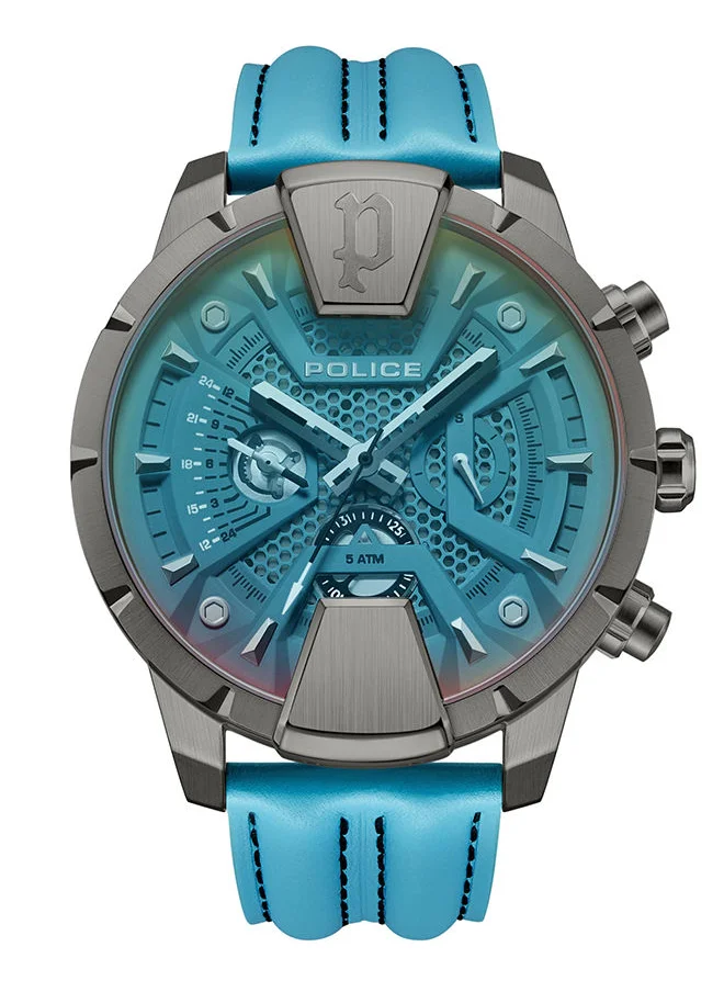 POLICE Mens Huntley Leather Strap Analog Wrist Watch PEWJF2203706 45mm Blue
