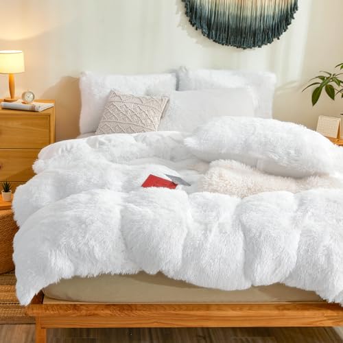 Besfunny Fluffy Faux Fur White Comforter Cover Queen Set – Plush Fluffy White Bedding 3-Piece Set (1 Duvet Cover + 2 Furry Pillow Shams) Cozy Bed Set - Image 3