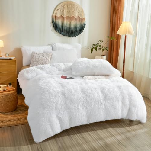Besfunny Fluffy Faux Fur White Comforter Cover Queen Set – Plush Fluffy White Bedding 3-Piece Set (1 Duvet Cover + 2 Furry Pillow Shams) Cozy Bed Set - Image 2