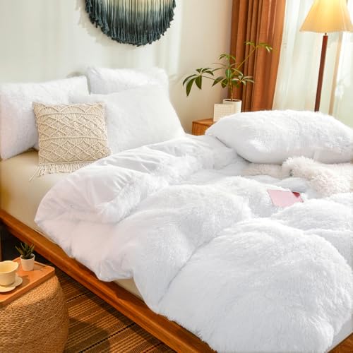 Besfunny Fluffy Faux Fur White Comforter Cover Queen Set – Plush Fluffy White Bedding 3-Piece Set (1 Duvet Cover + 2 Furry Pillow Shams) Cozy Bed Set - Image 4
