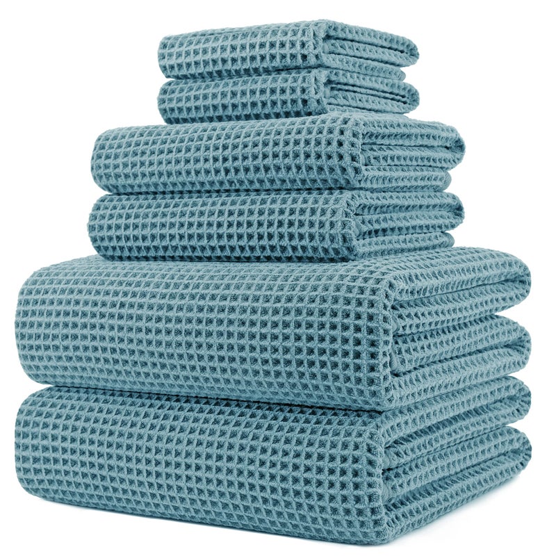 POLYTE 430 GSM Microfiber Quick Dry Lint Free Oversize Bath Towel Set, 6 Piece (Waffle Weave) - Image 1