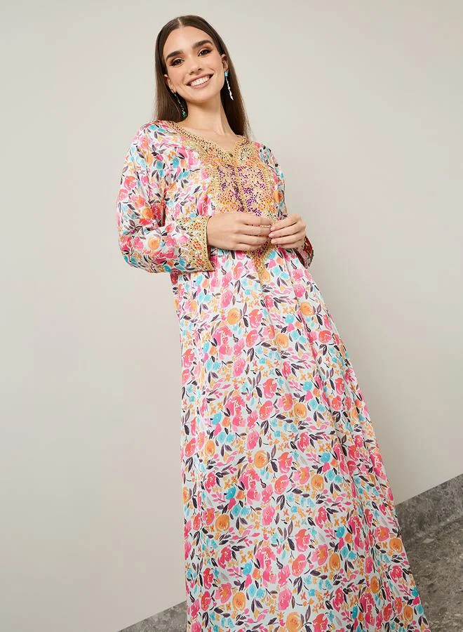 Maxim Creation Printed Mukhawar Jalabiya with hand embroidery by Styli