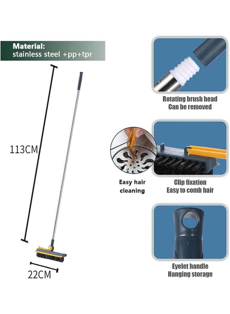 3 in 1 Floor Scrub Brush, Tub Tile Scrubber with Long Adjustable Handle and Squeegee, Flexible Rotation Window Stiff Brush Cleaner for Kitchen, Bath, Bathtub, Floor, Baseboard, Wall, Patio, ‚Äã‚ÄãBlue