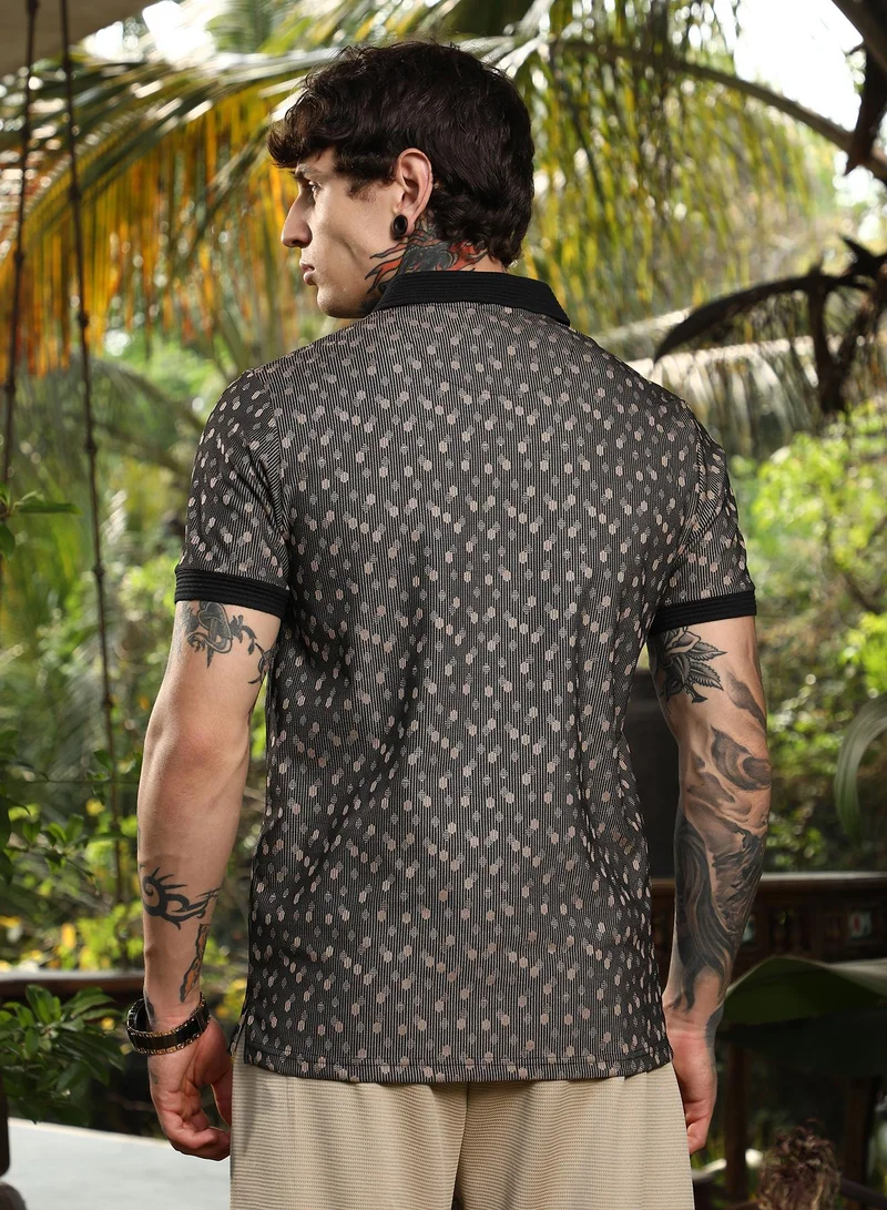 Campus Sutra Men's Onyx Black Shadowed-Polka Polo T-Shirt For Casual Wear | Polo Neck | Short Cuffed Sleeves | Half-Button Closure | T-Shirt Crafted With Comfort Fit For Everyday Wear