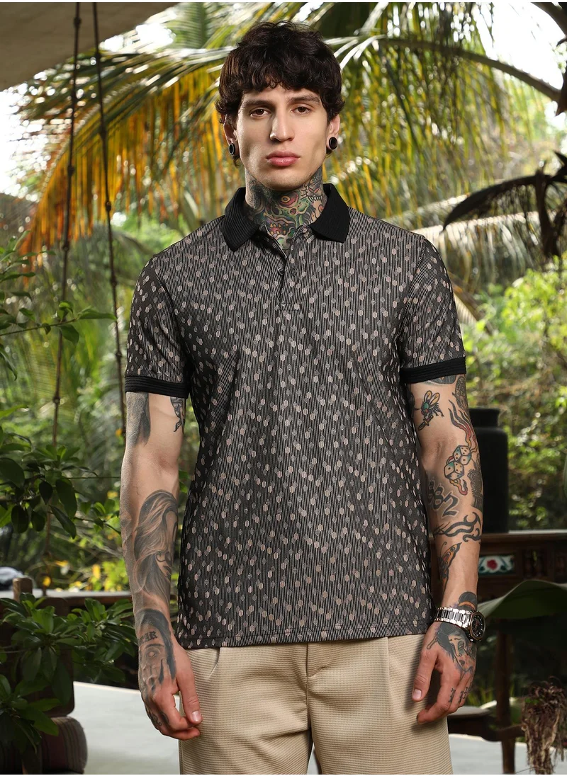 كامبوس سوترا Men's Onyx Black Shadowed-Polka Polo T-Shirt For Casual Wear | Polo Neck | Short Cuffed Sleeves | Half-Button Closure | T-Shirt Crafted With Comfort Fit For Everyday Wear