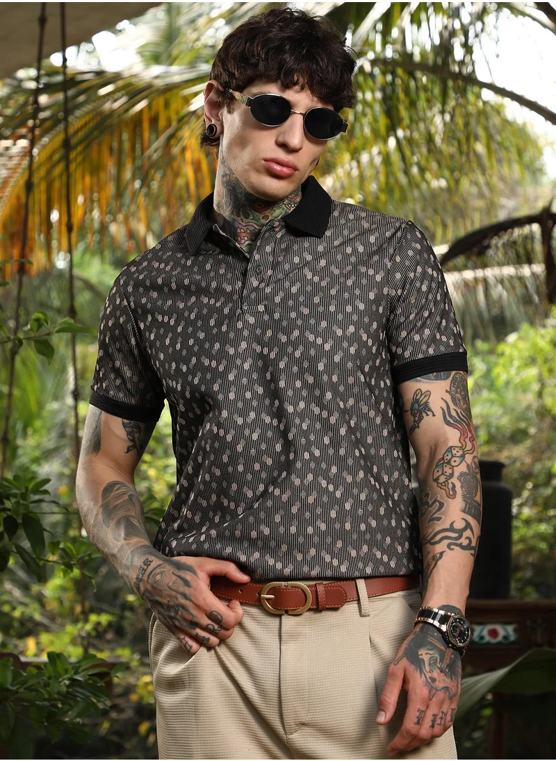 كامبوس سوترا Men's Onyx Black Shadowed-Polka Polo T-Shirt For Casual Wear | Polo Neck | Short Cuffed Sleeves | Half-Button Closure | T-Shirt Crafted With Comfort Fit For Everyday Wear