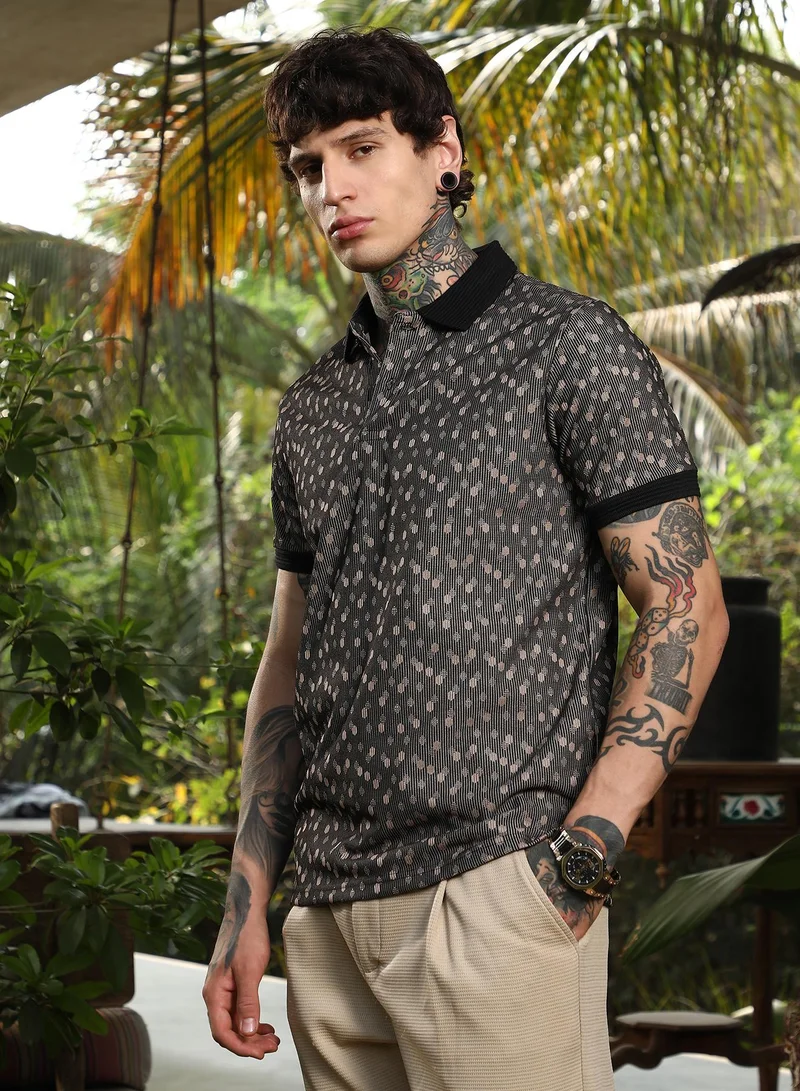 Campus Sutra Men's Onyx Black Shadowed-Polka Polo T-Shirt For Casual Wear | Polo Neck | Short Cuffed Sleeves | Half-Button Closure | T-Shirt Crafted With Comfort Fit For Everyday Wear